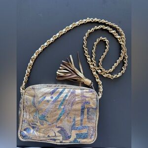 Vintage Gold Metallic Italian Leather Patterned Crossbody Bag w/ Tassels + Chain